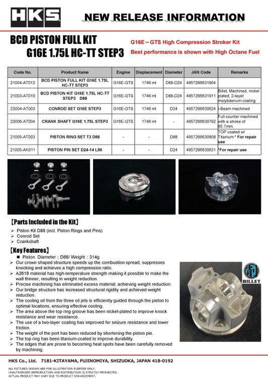 HKS 23-24 Toyota GR Corolla G16E BCD Piston Kit