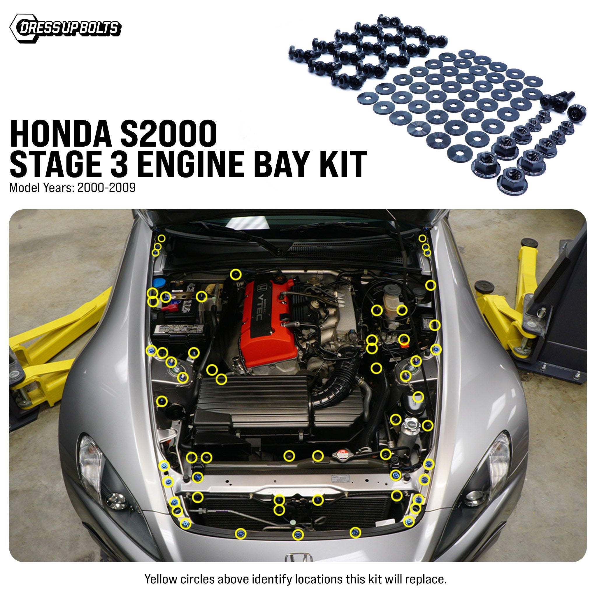 s2000 ラックエンド Dress Up Bolts Stage 3 Titanium Hardware Engine Bay Kit - Honda