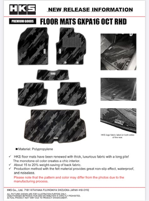 HKS FLOOR MATS GXPA16 FULL SET OCT LHD