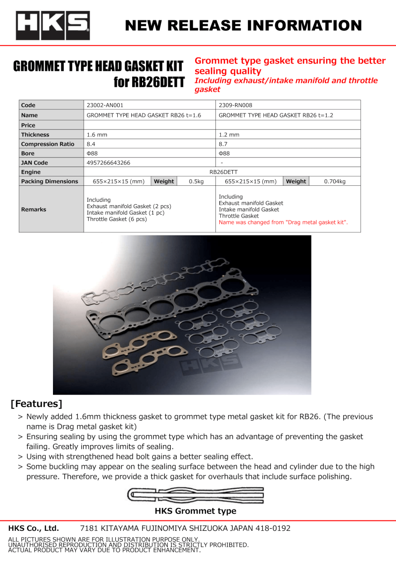 HKS RB26 88mm Bore 1.6mm Thick Grommet Type Head Gasket