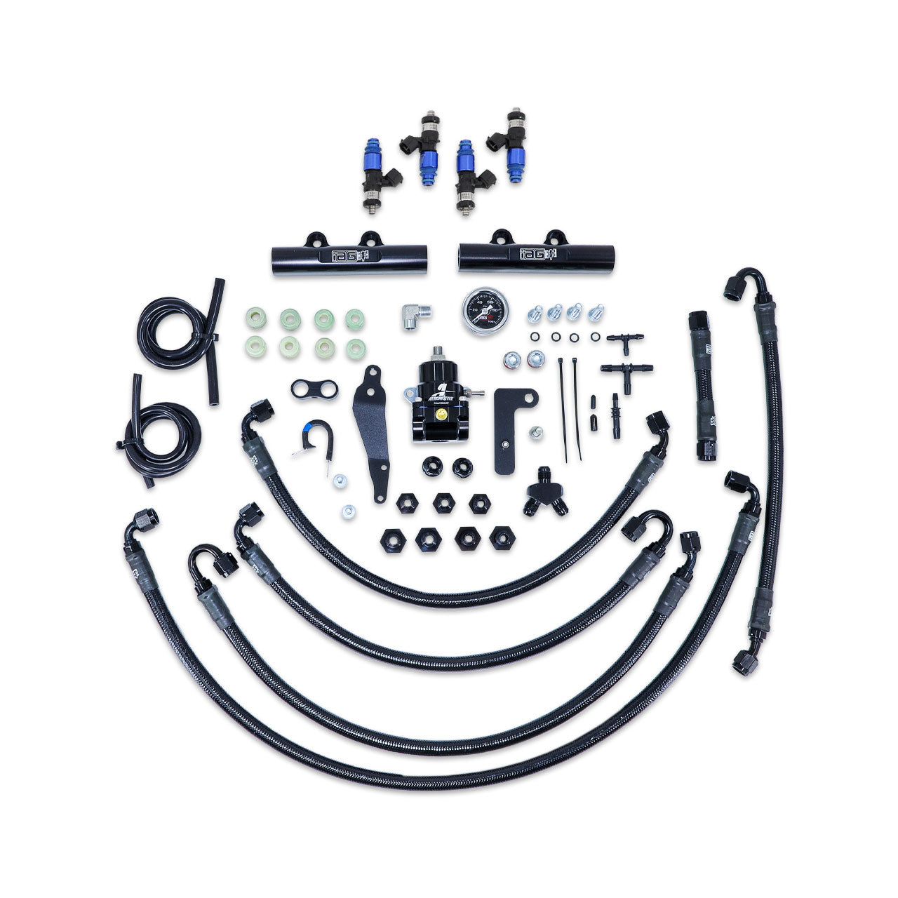 IAG PTFE Fuel System Kit W/ FIC Injectors Aeromotive FPR IAG Fuel Rails For 08-14 WRX 08-21 STI (Black)