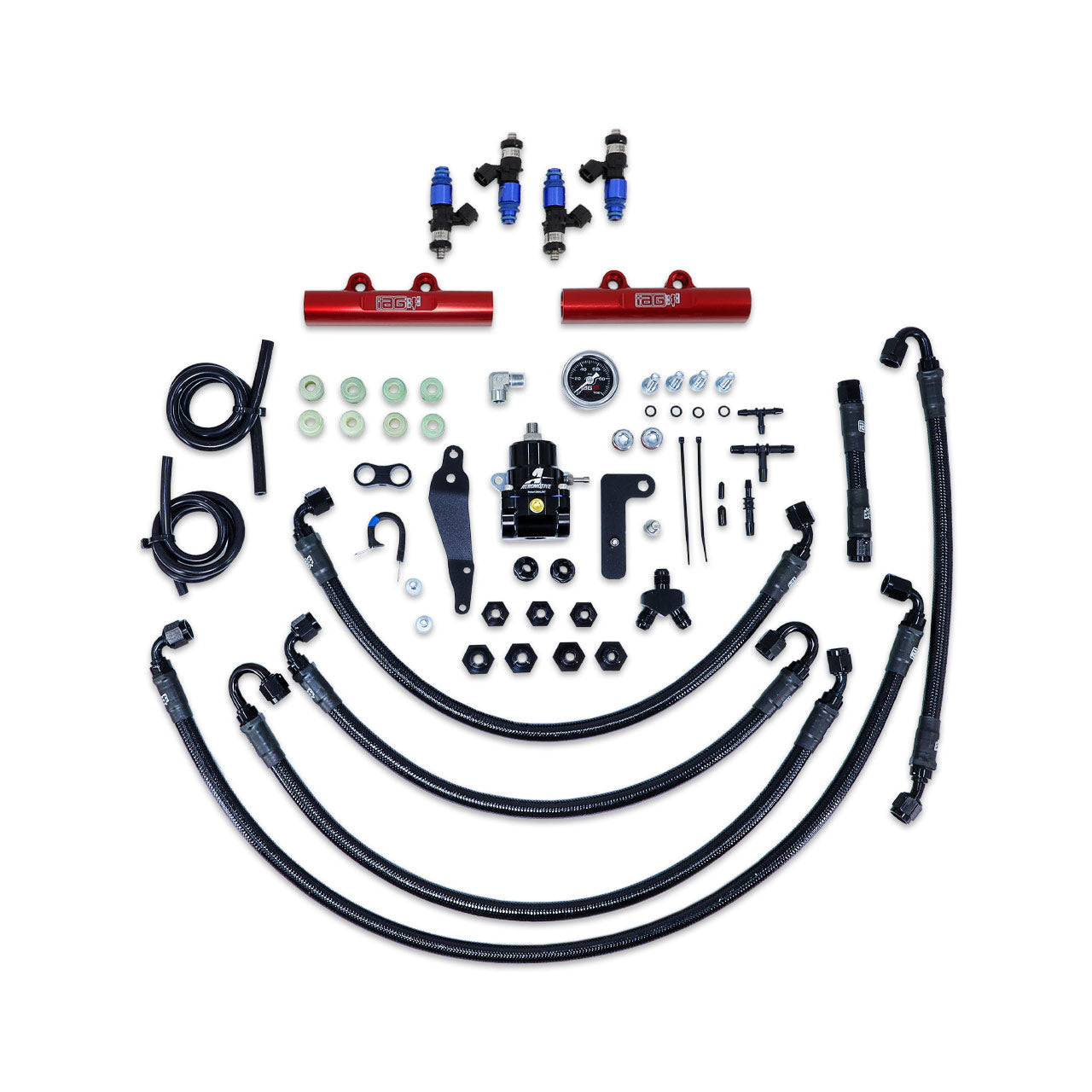 IAG PTFE Fuel System Kit W/ FIC Injectors Aeromotive FPR IAG Fuel Rails For 08-14 WRX 08-21 STI (Red)