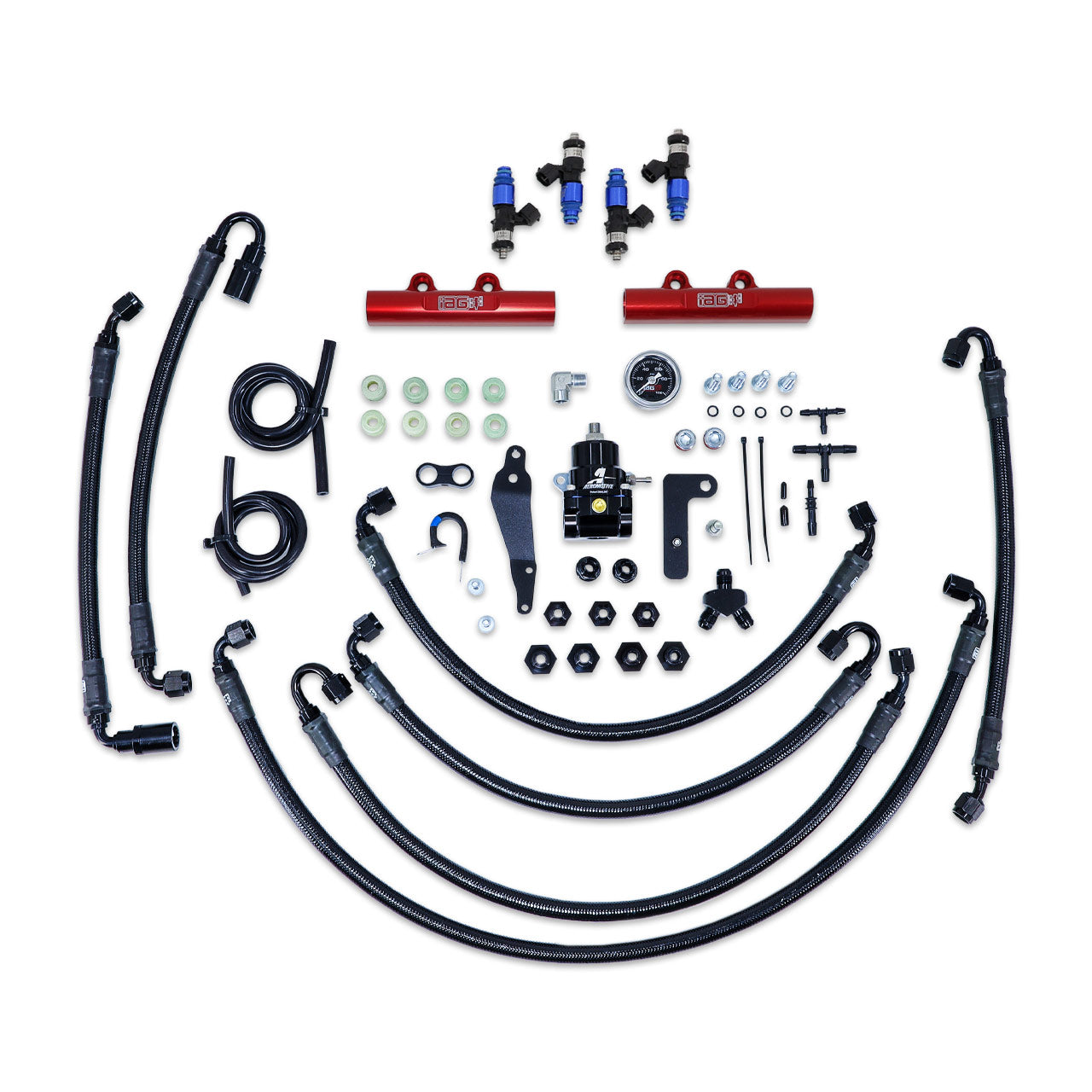 IAG PTFE Flex Fuel System Kit W/ FIC Injectors Aeromotive FPR IAG Fuel Rails For 08-14 WRX 08-21 STI (Red/2150cc)