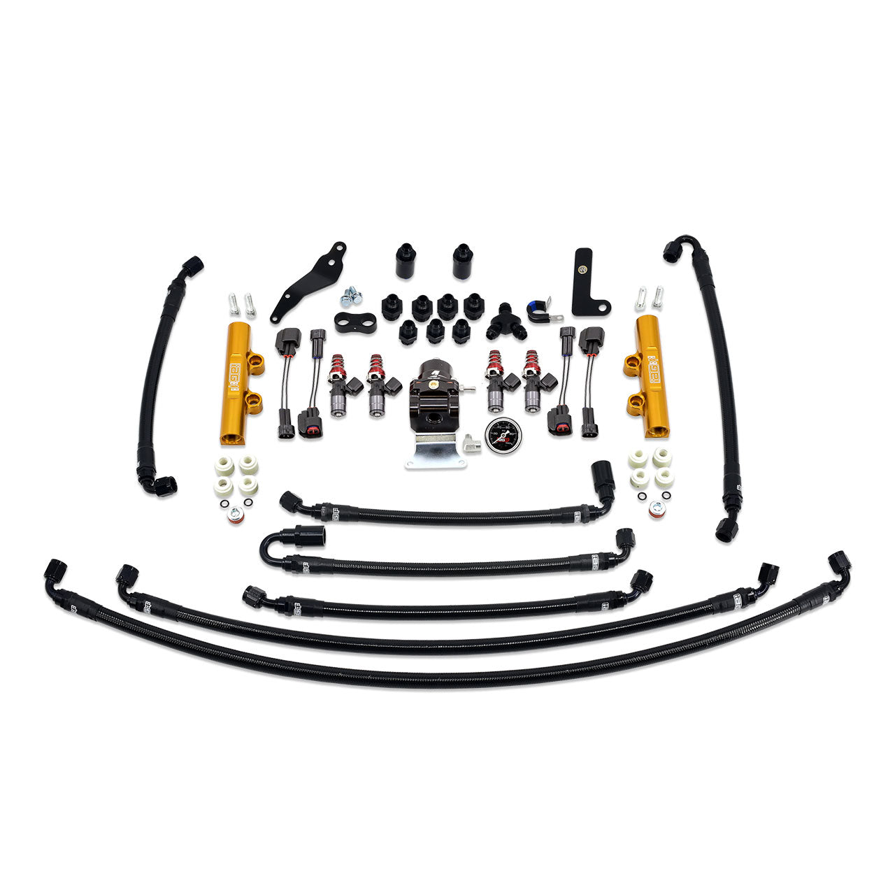 IAG PTFE Flex Fuel System Kit With Injectors Lines FPR Fuel Rails For 08-14 WRX (Gold/1050cc).