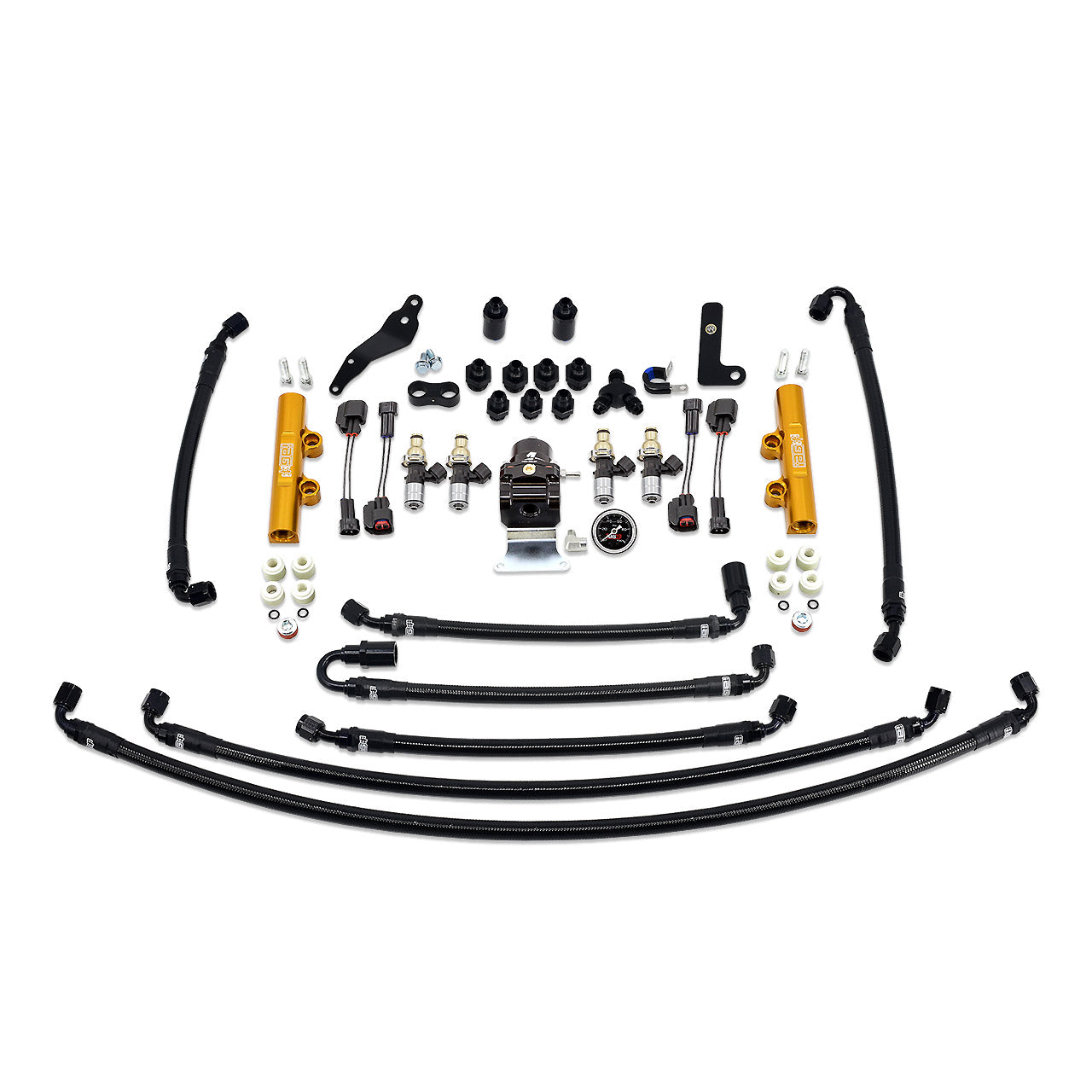 IAG PTFE Flex Fuel System Kit With Injectors Lines FPR Fuel Rails For 08-14 WRX (Gold/2600cc).